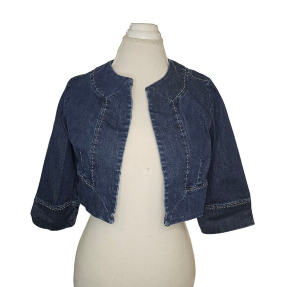 Y2K Womens Blue Jean Cropped Bolero Jean Jacket Sz 8‎ Stretch Open Front Retro - Picture 1 of 9